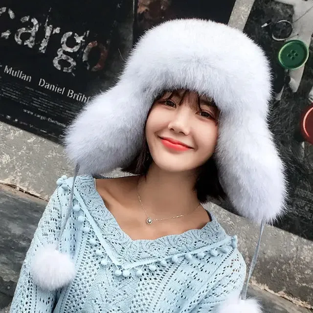 Fox Fur Hats Women Aviator Trapper Snow Caps Earflap Fur Bomber Hat