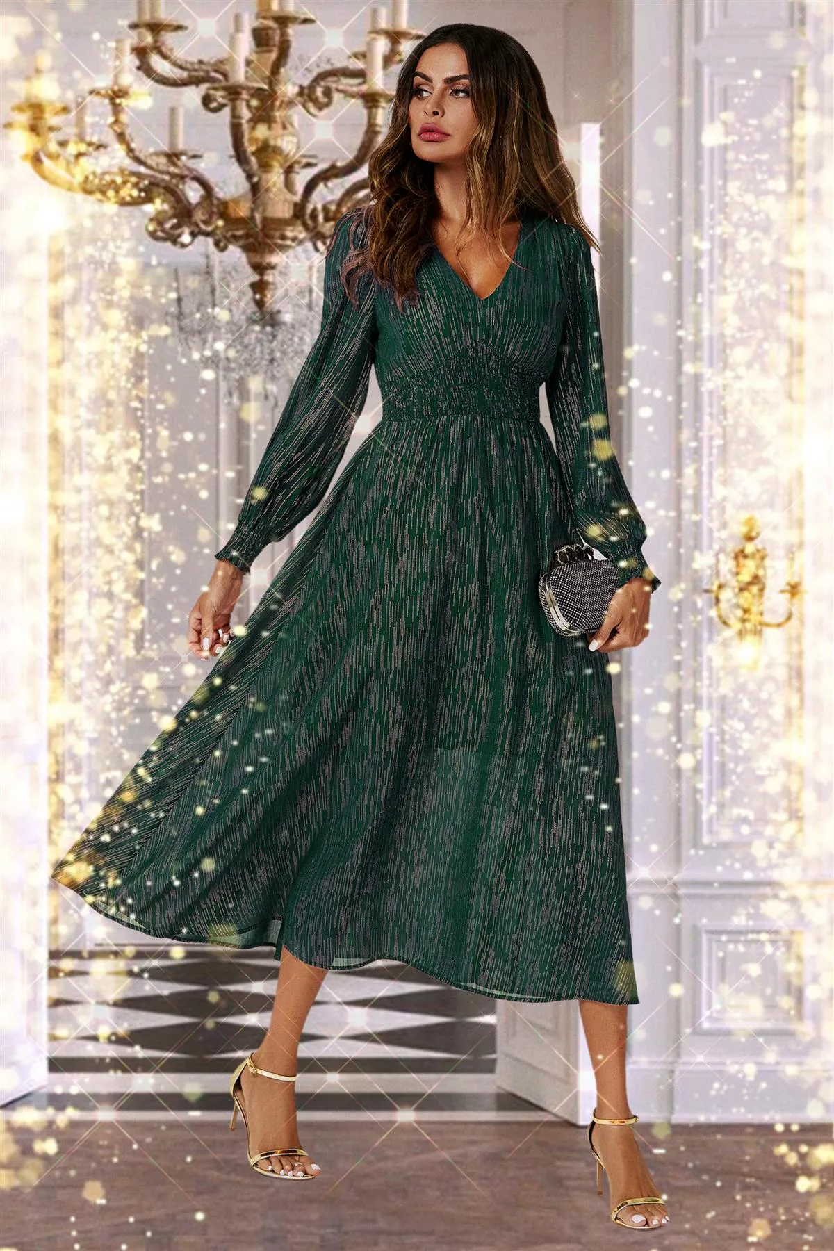 FS Collection Gold Stripe Foil Long Sleeve Maxi Dress In Green