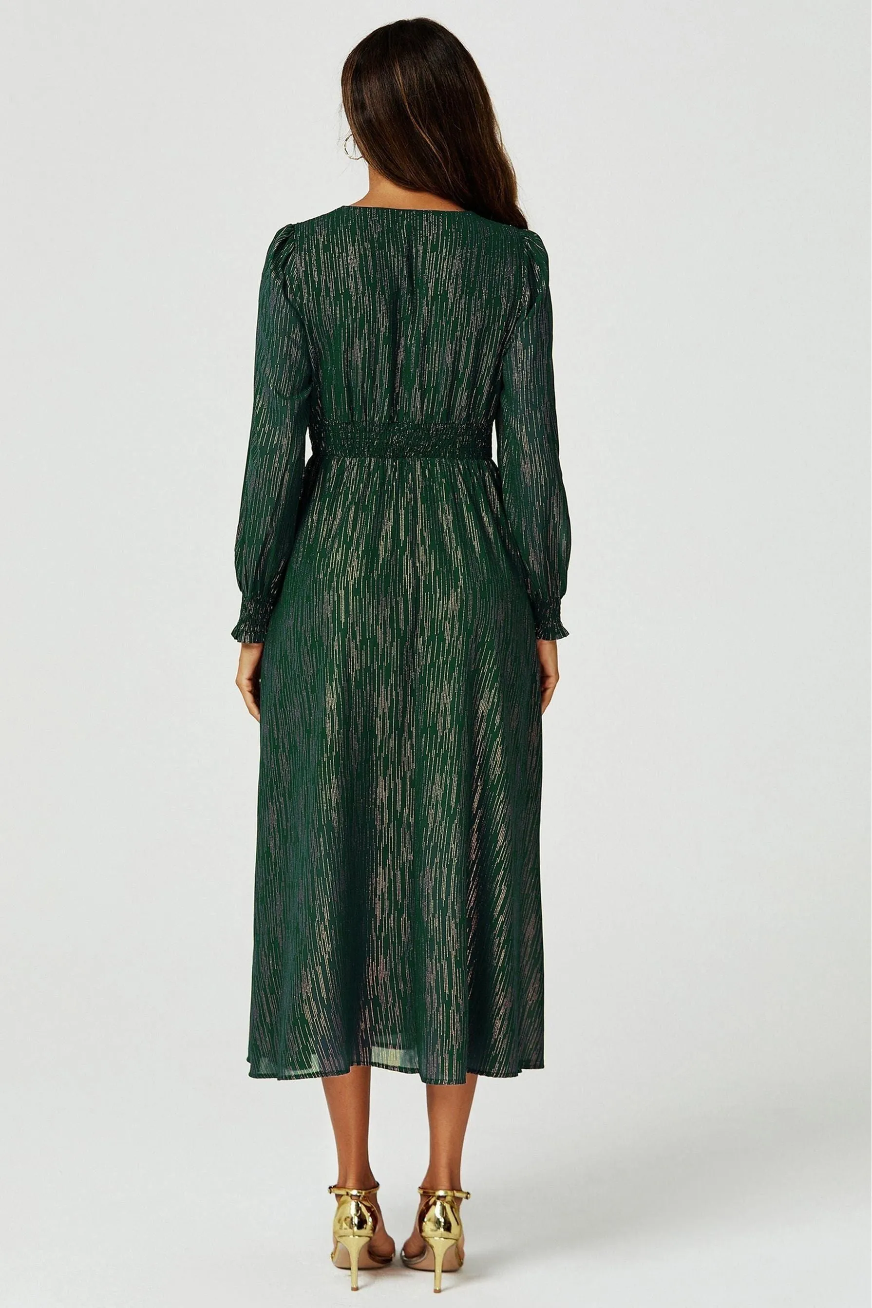 FS Collection Gold Stripe Foil Long Sleeve Maxi Dress In Green