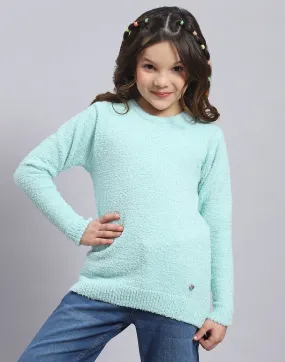 Girls Blue Solid Round Neck Full Sleeve Sweater