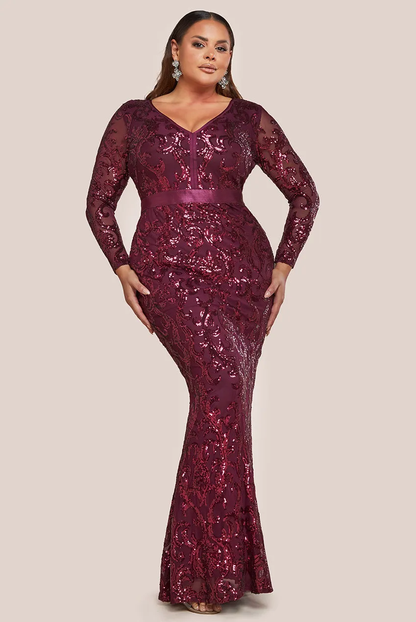 Goddiva Plus Embroidered Sequin & Mesh Maxi Dress - Burgundy