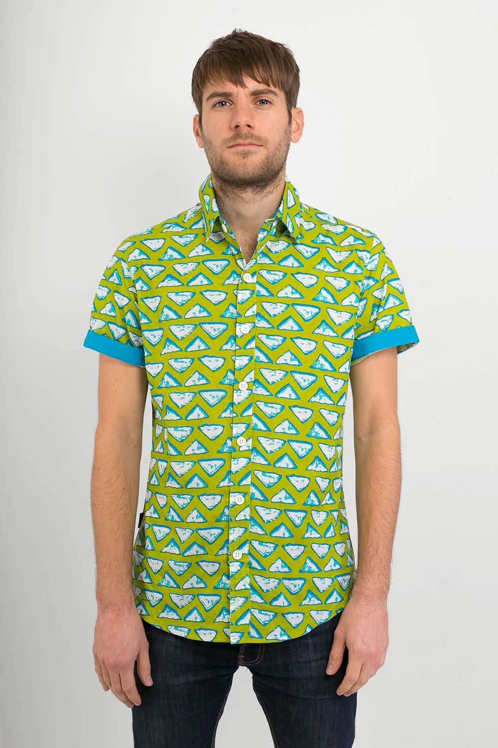 Green Blue Triangular Print Cotton Slim Fit Mens Shirt Short Sleeve