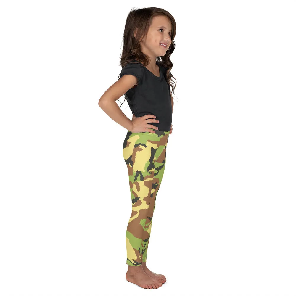 Green Camo Kid's Leggings, Kid's Camouflaged Military Print Leggings Elastic Fitness Tights- Made in USA/ EU