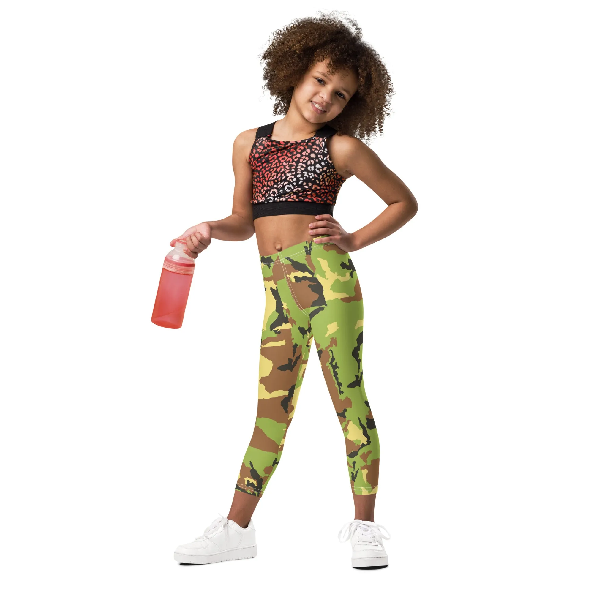 Green Camo Kid's Leggings, Kid's Camouflaged Military Print Leggings Elastic Fitness Tights- Made in USA/ EU