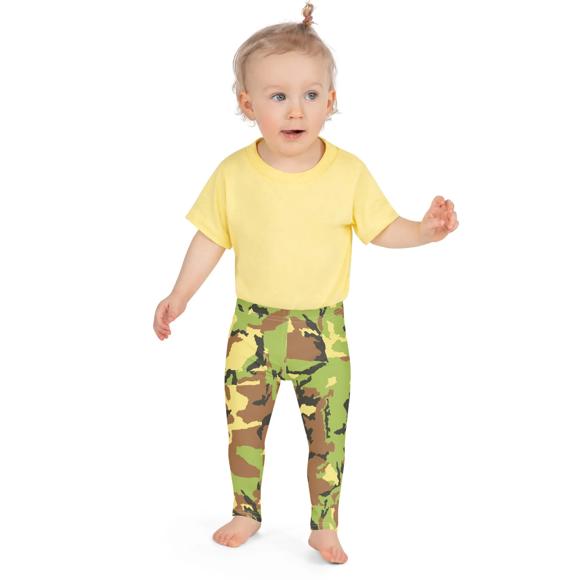 Green Camo Kid's Leggings, Kid's Camouflaged Military Print Leggings Elastic Fitness Tights- Made in USA/ EU