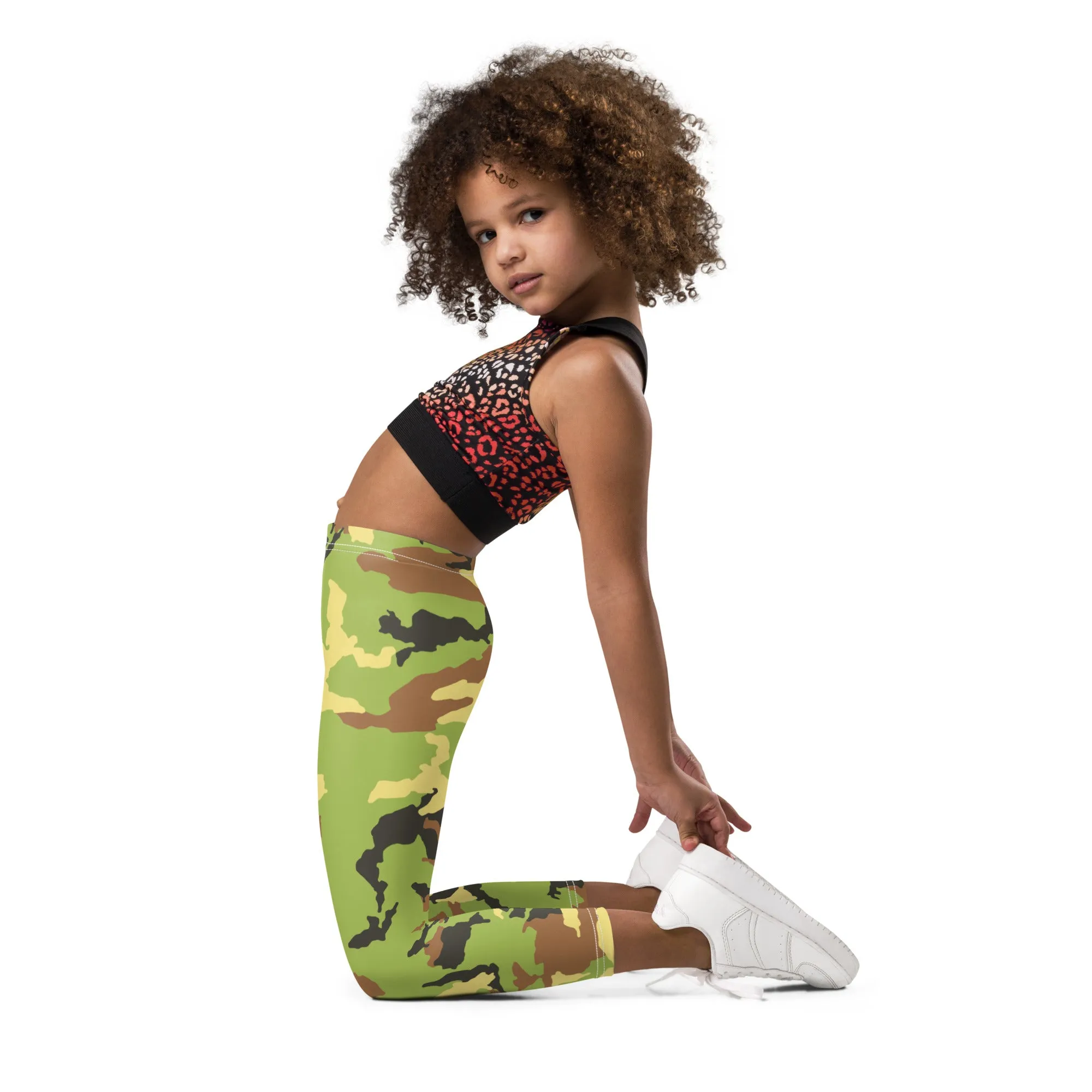 Green Camo Kid's Leggings, Kid's Camouflaged Military Print Leggings Elastic Fitness Tights- Made in USA/ EU