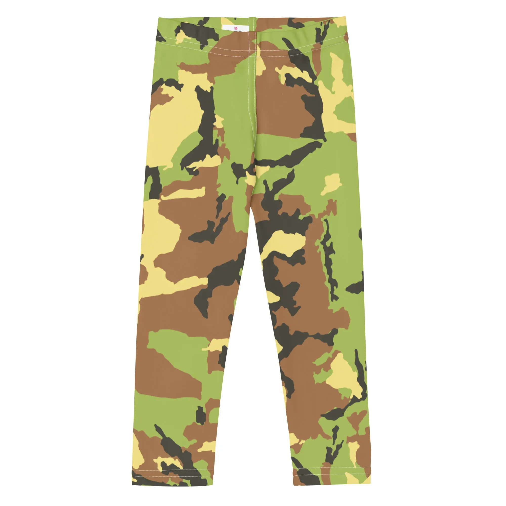 Green Camo Kid's Leggings, Kid's Camouflaged Military Print Leggings Elastic Fitness Tights- Made in USA/ EU