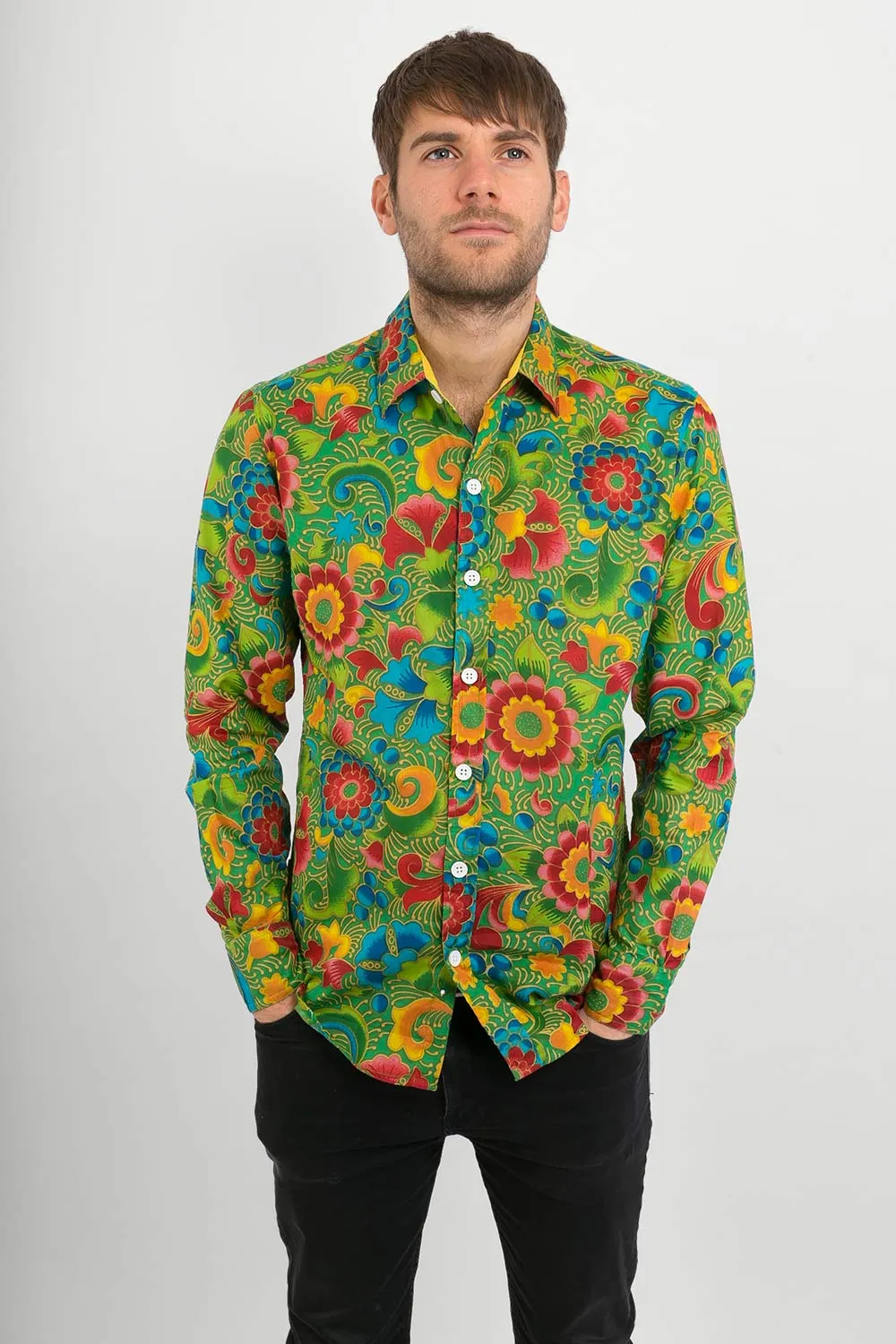 Green Multi Coloured Floral Print Cotton Slim Fit Mens Shirt Long Sleeve