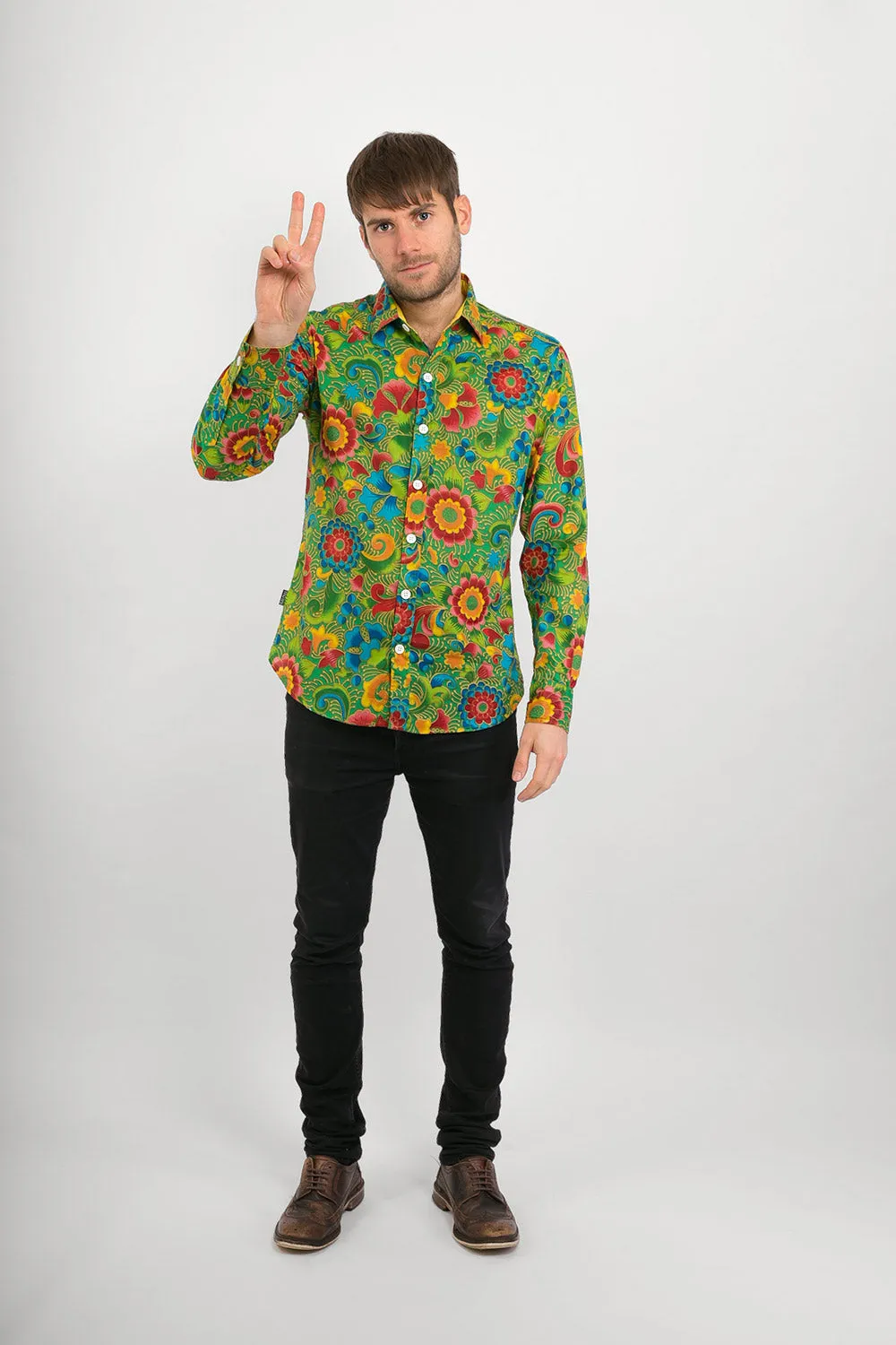 Green Multi Coloured Floral Print Cotton Slim Fit Mens Shirt Long Sleeve