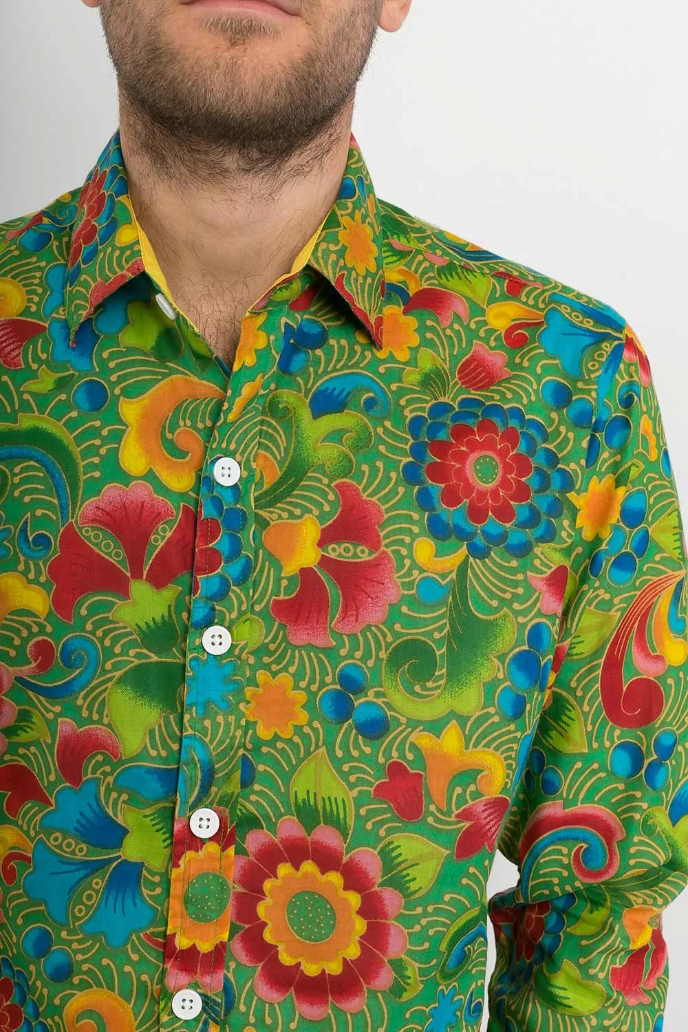 Green Multi Coloured Floral Print Cotton Slim Fit Mens Shirt Long Sleeve