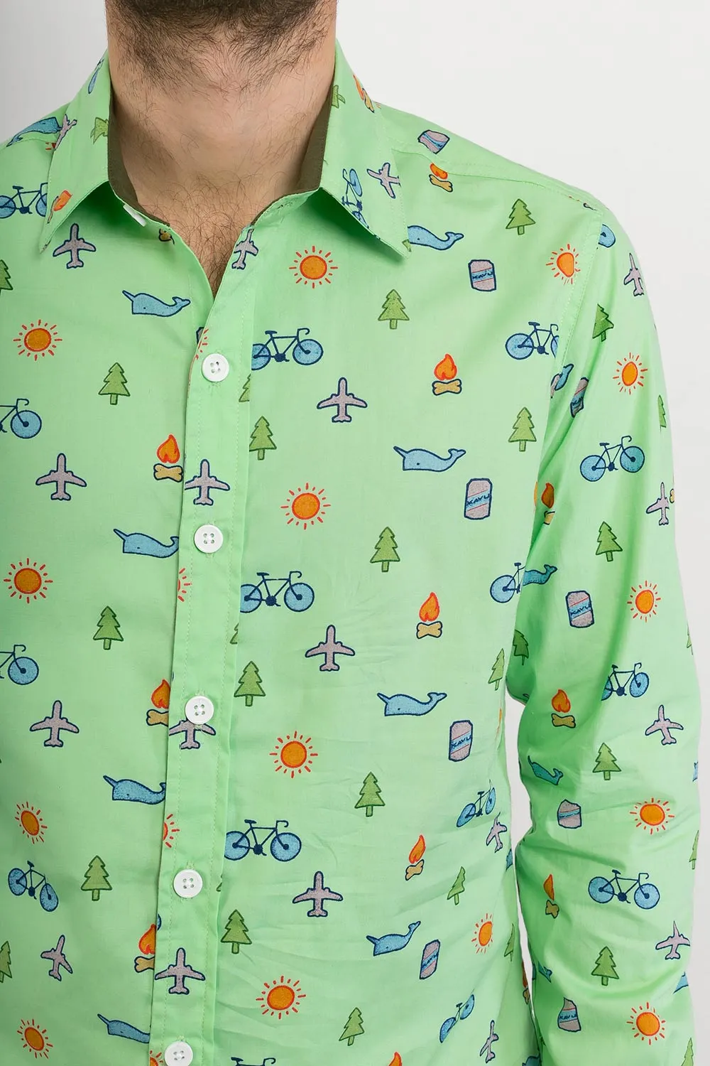 Green Plane Whale Tree Sun Bike Print Cotton Slim Fit Mens Shirt Long Sleeve