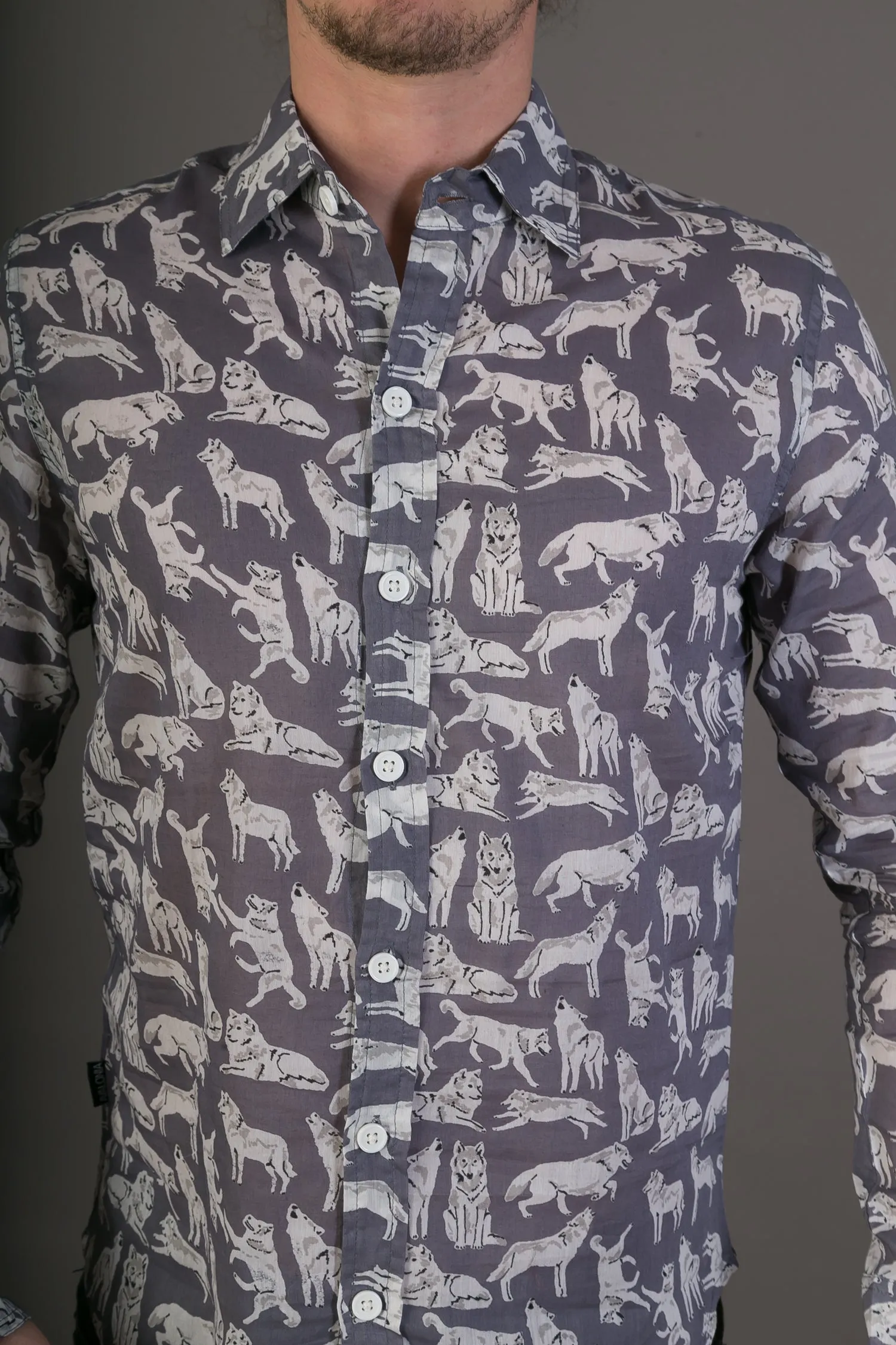 Grey Wolves Print Lightweight Cotton Slim and Regular Fit Mens Shirt Long Sleeve