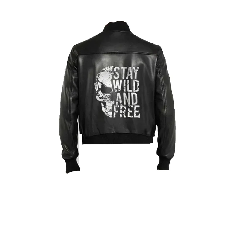 Halloween Special Stay Wild and Free Black Bomber Leather Jacket