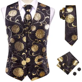 Hi-Tie Black Gold Floral Men's Vest Necktie Hanky Cufflinks Tie Set