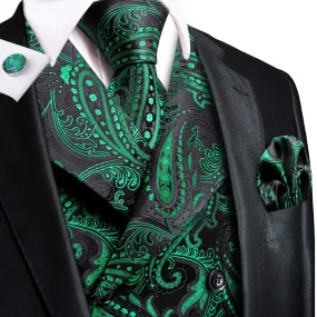 Hi-Tie Black Green Paisley Men's Collar Vest Hanky Cufflinks Tie Set