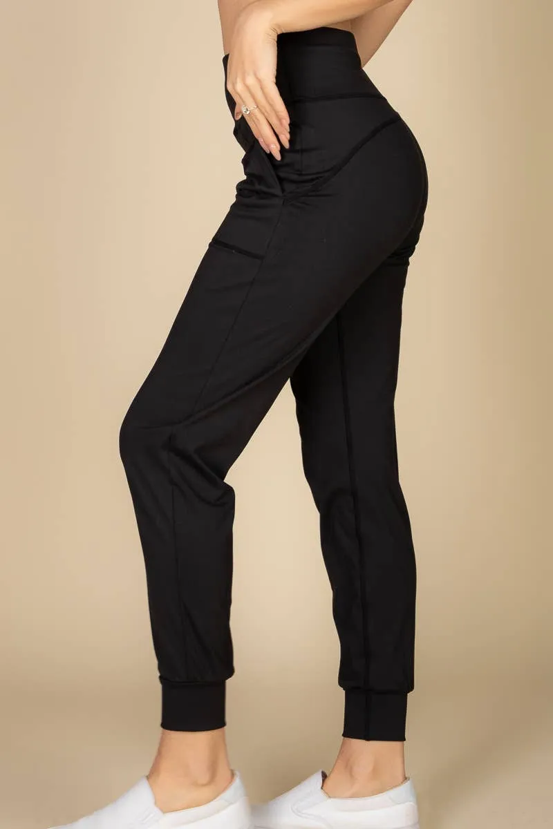 High Waisted Wide Waistband Joggers - Black