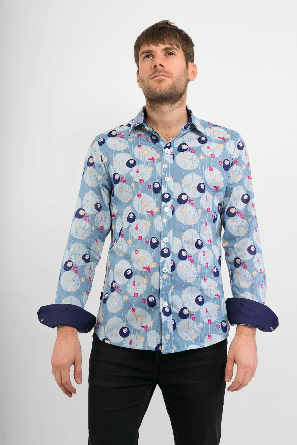 Hummingbirds Print Cotton Slim Fit Mens Shirt Long Sleeve