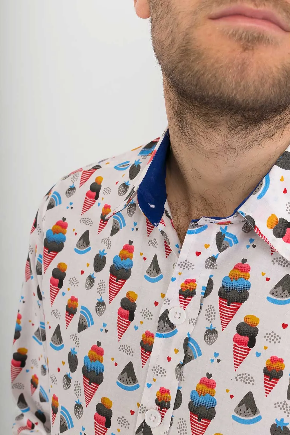 Ice Cream Print Cotton Slim Fit Mens Shirt Long Sleeve