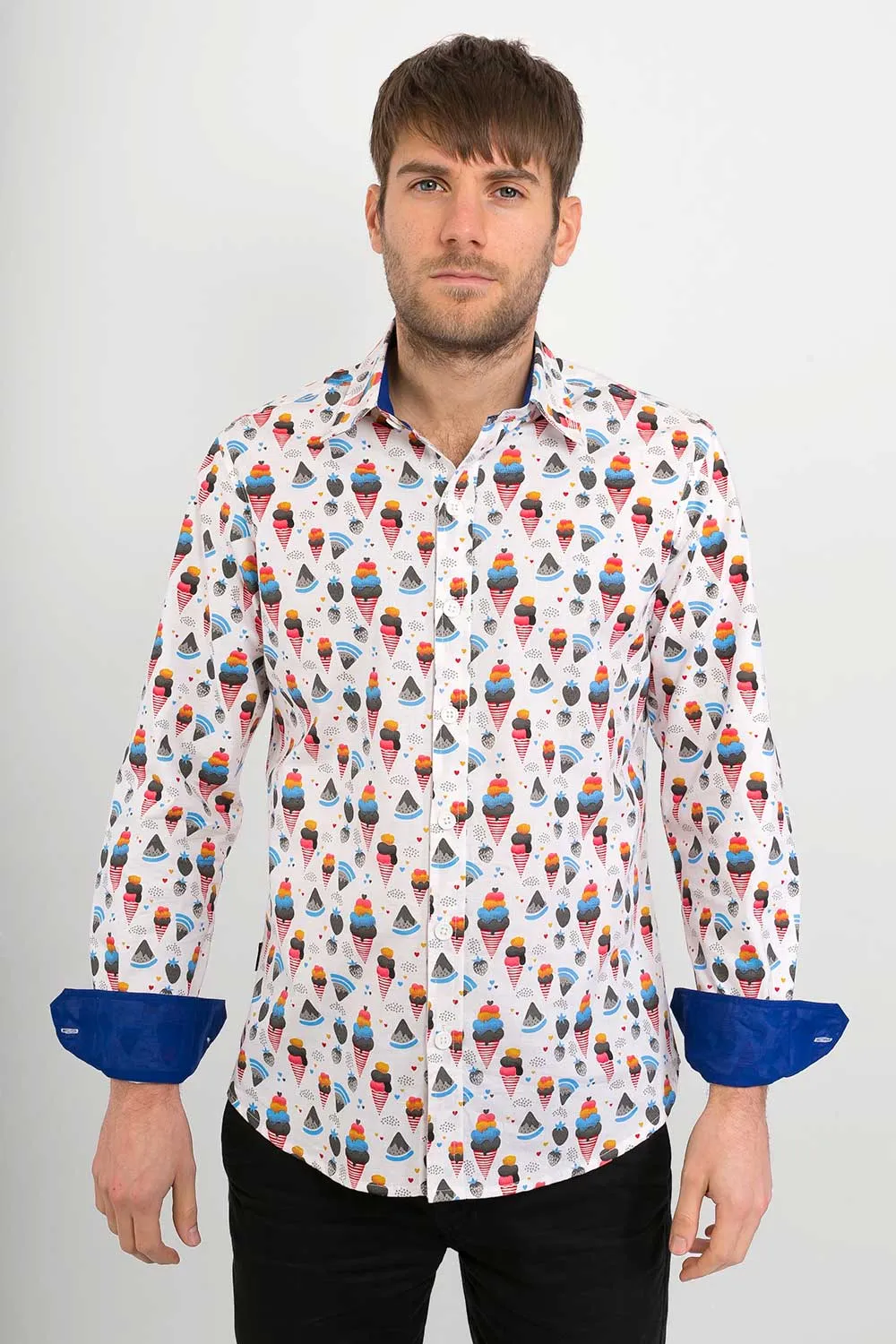 Ice Cream Print Cotton Slim Fit Mens Shirt Long Sleeve