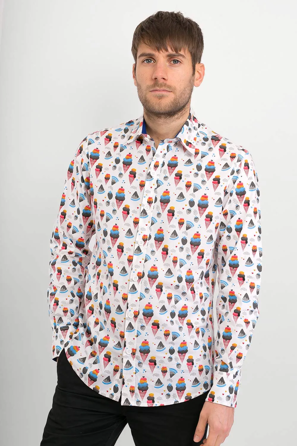 Ice Cream Print Cotton Slim Fit Mens Shirt Long Sleeve