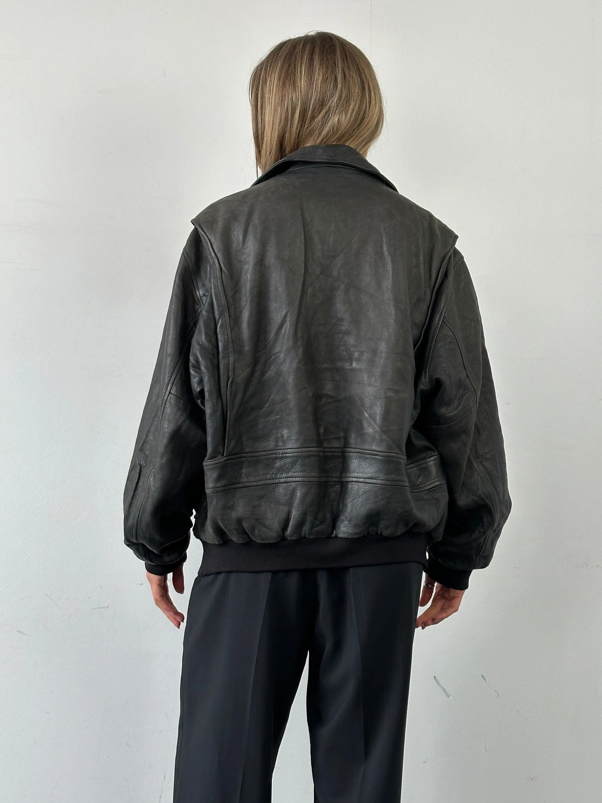 Italian Vintage Aged Leather Bomber Jacket - XL