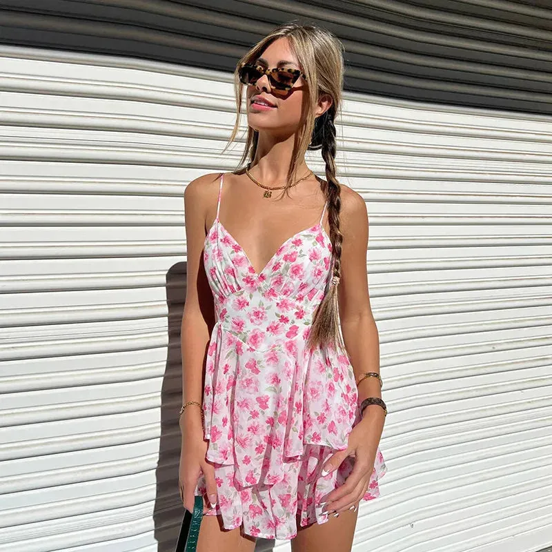 LANFUBEISI  Floral Print Spaghetti Strap Dresses Mini Women Sexy Backless Halter Neck Spring Summer Ruffle Casual Beach Dress