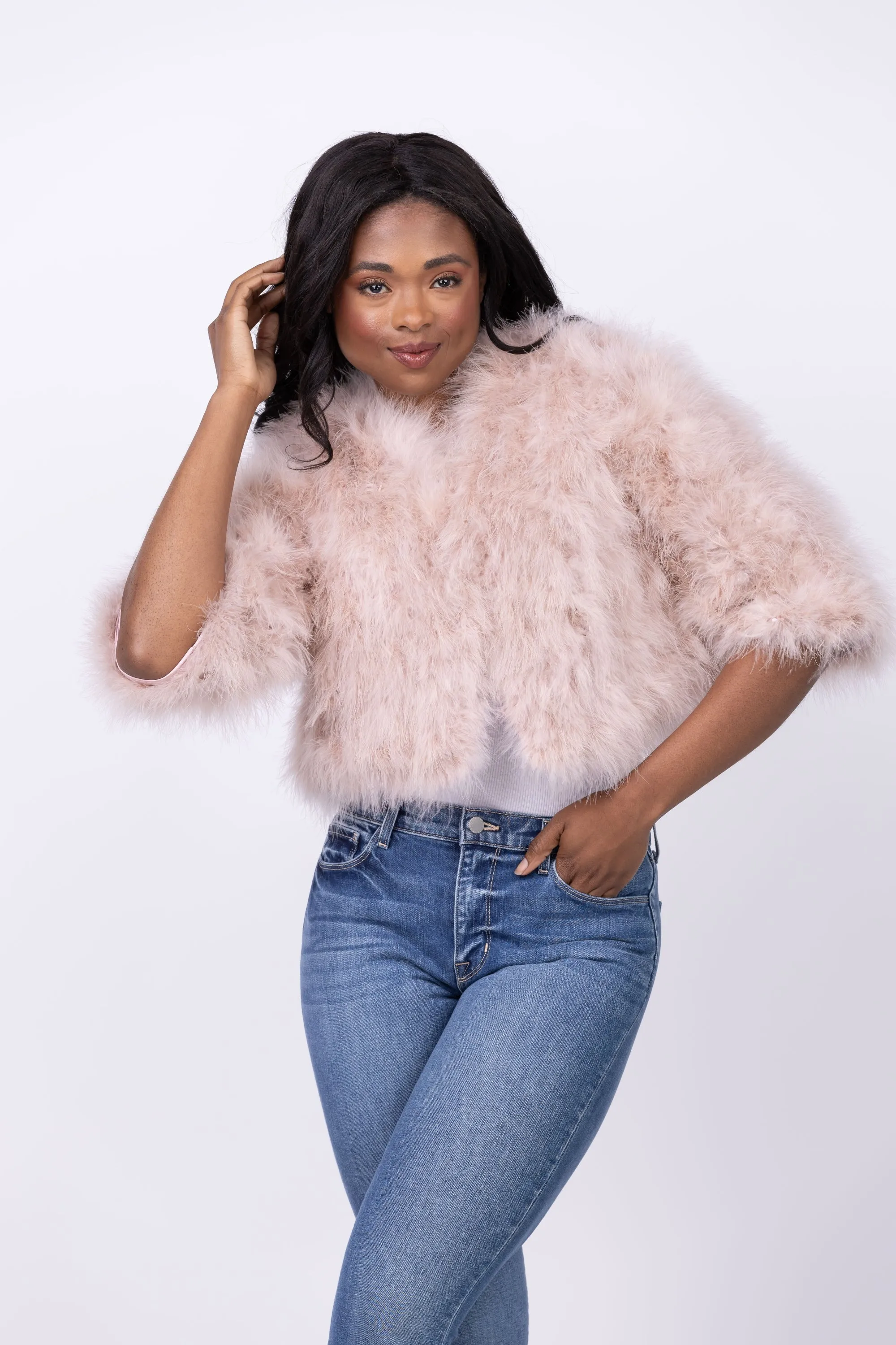 Linda Richards Feather Bolero Jacket in Blush