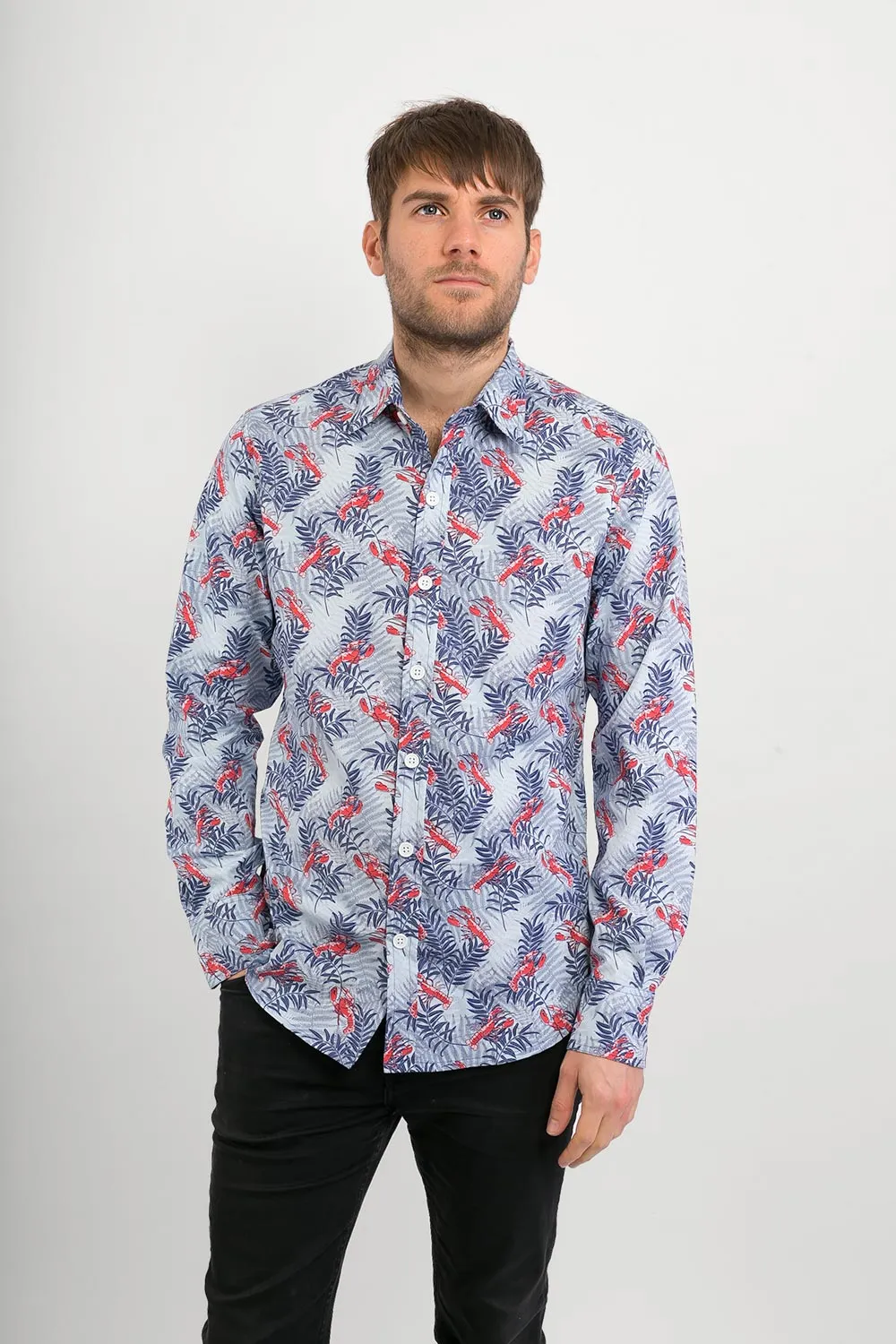 Lobster Blue Sea Print Cotton Slim Fit Mens Shirt Long Sleeve