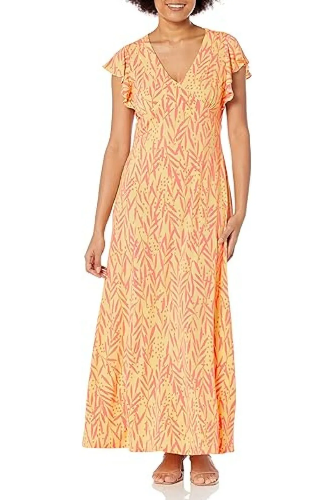 London Times Ruffled Short Sleeve V-Neck Printed Matte Jersey A-Line Maxi