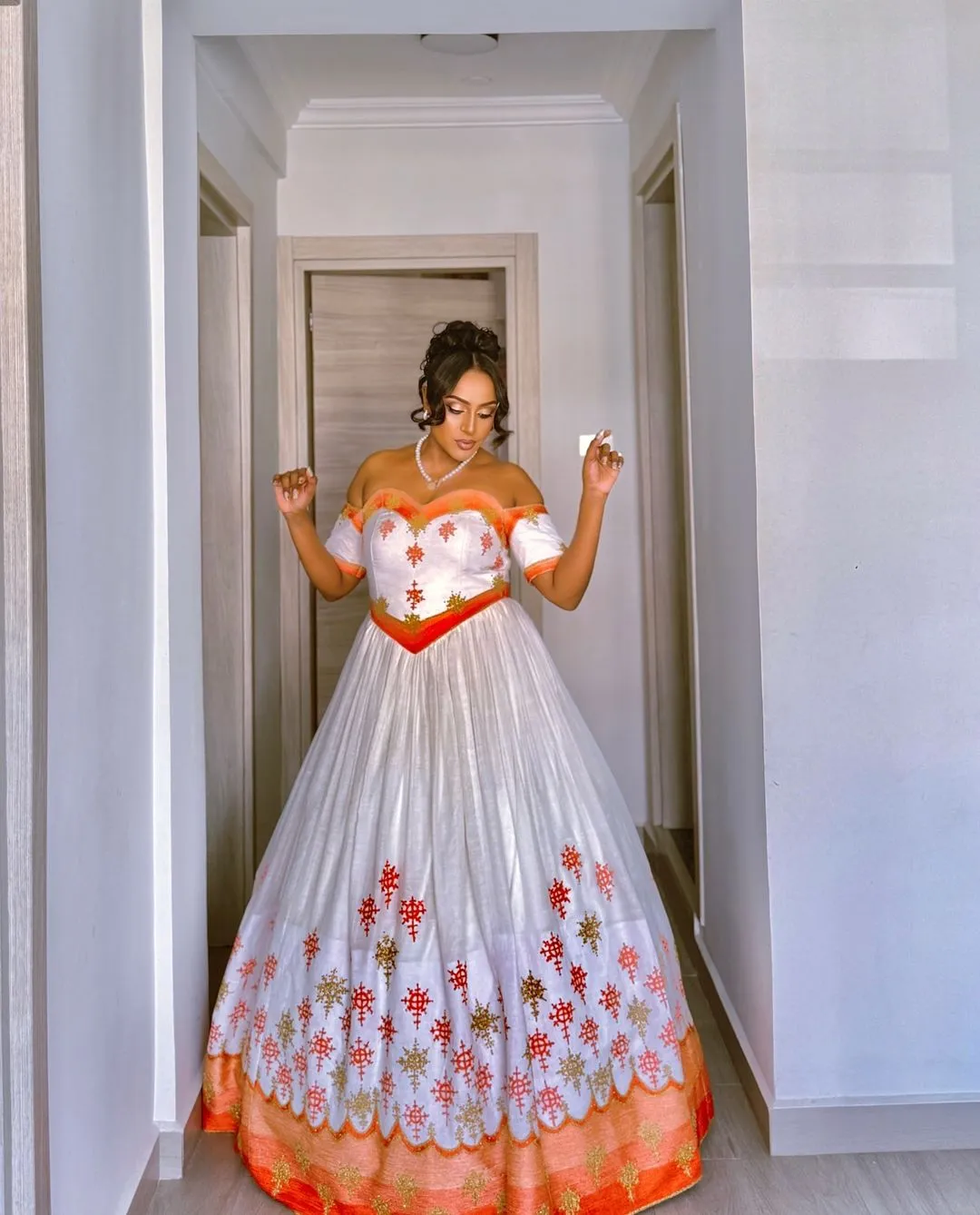 Marvelous Orange and Red Traditional Ethiopian Dress: with Sweetheart Neckline Habesha Dress