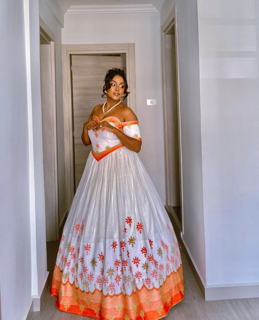 Marvelous Orange and Red Traditional Ethiopian Dress: with Sweetheart Neckline Habesha Dress