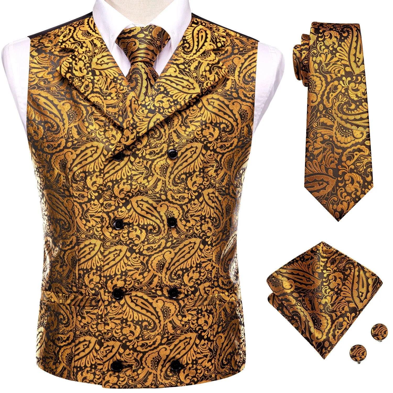 Medallion Yellow Black Paisley Jacquard Silk Men's Vest Hanky Cufflinks Tie Set