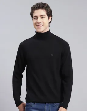 Men Black Solid High Neck Full Sleeve Pullover