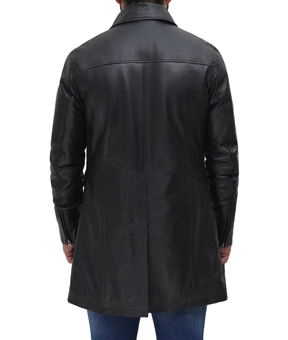 Mens Black Four Pocket Shirt Collar 3   4 Length Leather Coat