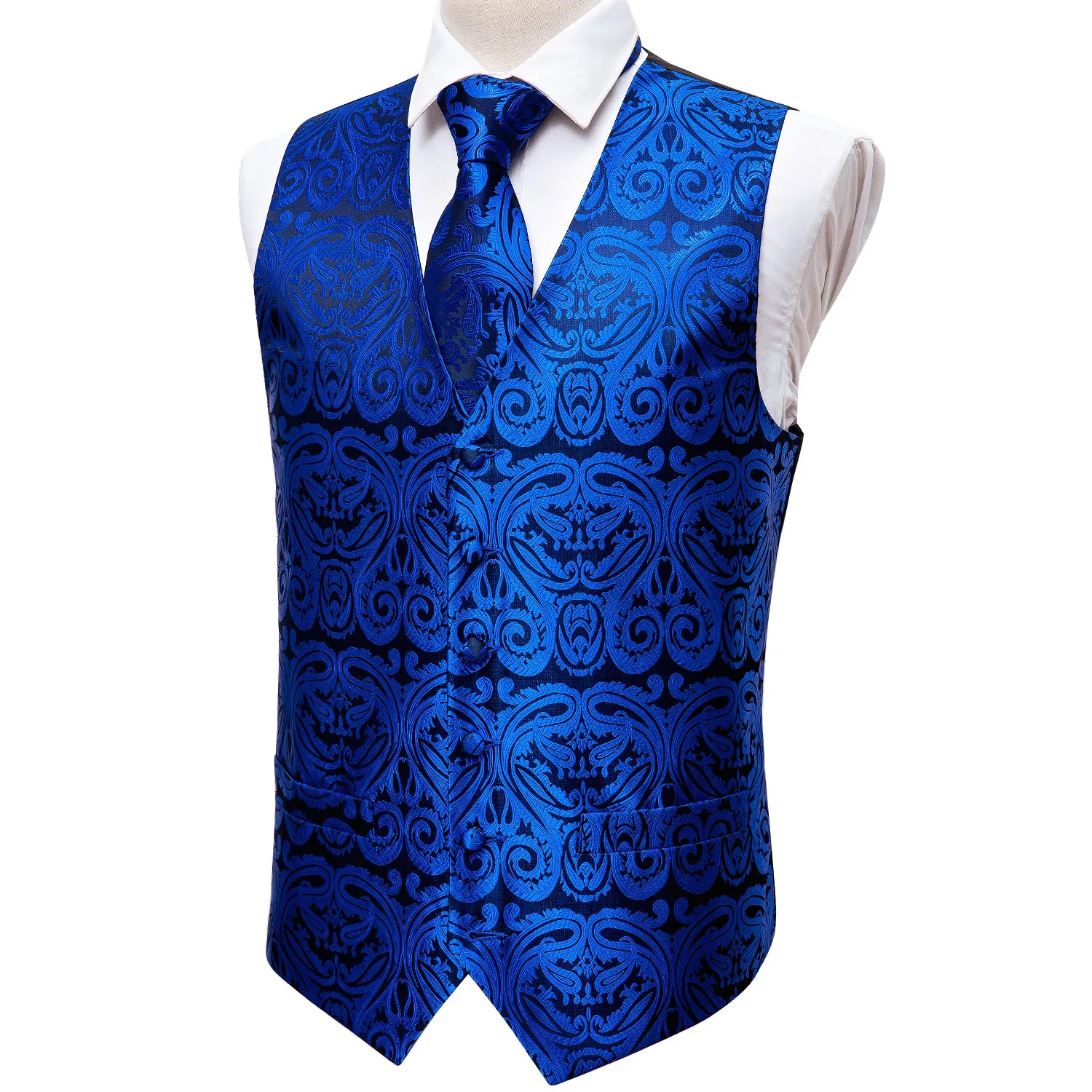 Men's  Blue Paisley Silk Men's Vest Hanky Cufflinks Tie Set