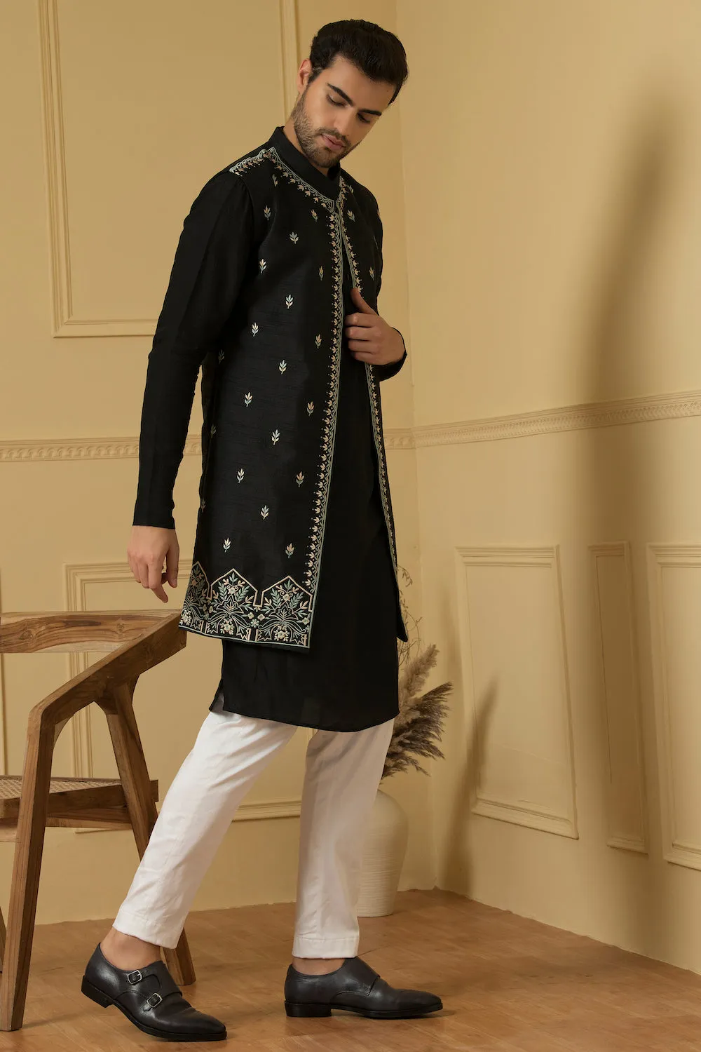 Men's Elegant Dupion Silk Long Nehru Jacket Set - Hilo Design