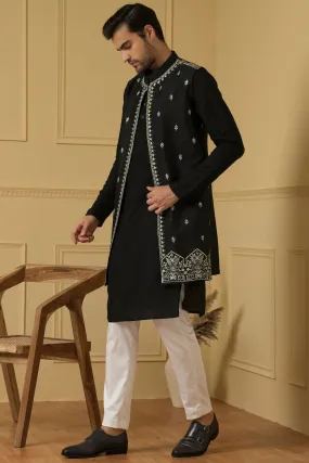 Men's Elegant Dupion Silk Long Nehru Jacket Set - Hilo Design