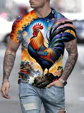 Men's eye-catching rooster pattern printed T-shirt with lightweight short sleeved round neck outdoor exploration and daily style.