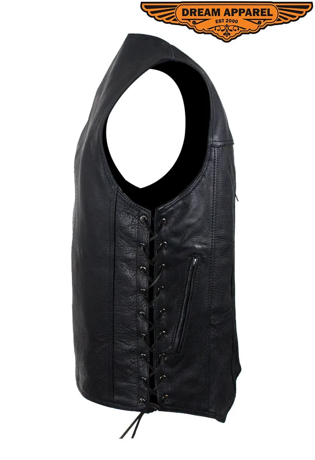 Mens Plain Leather Vest With Zipper Front