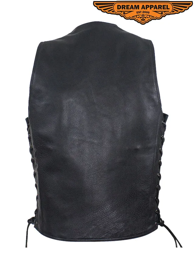 Mens Plain Leather Vest With Zipper Front