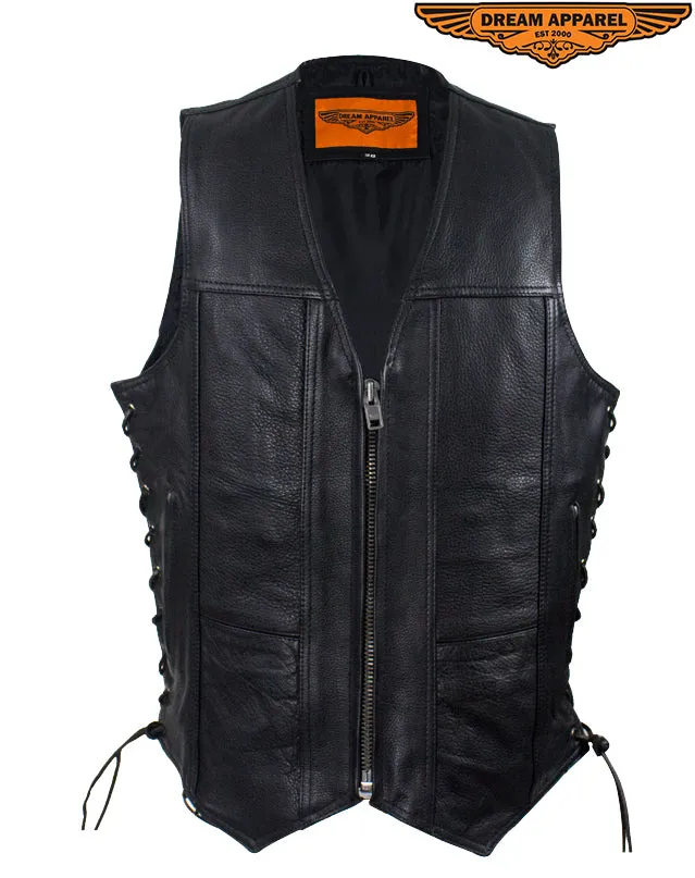 Mens Plain Leather Vest With Zipper Front