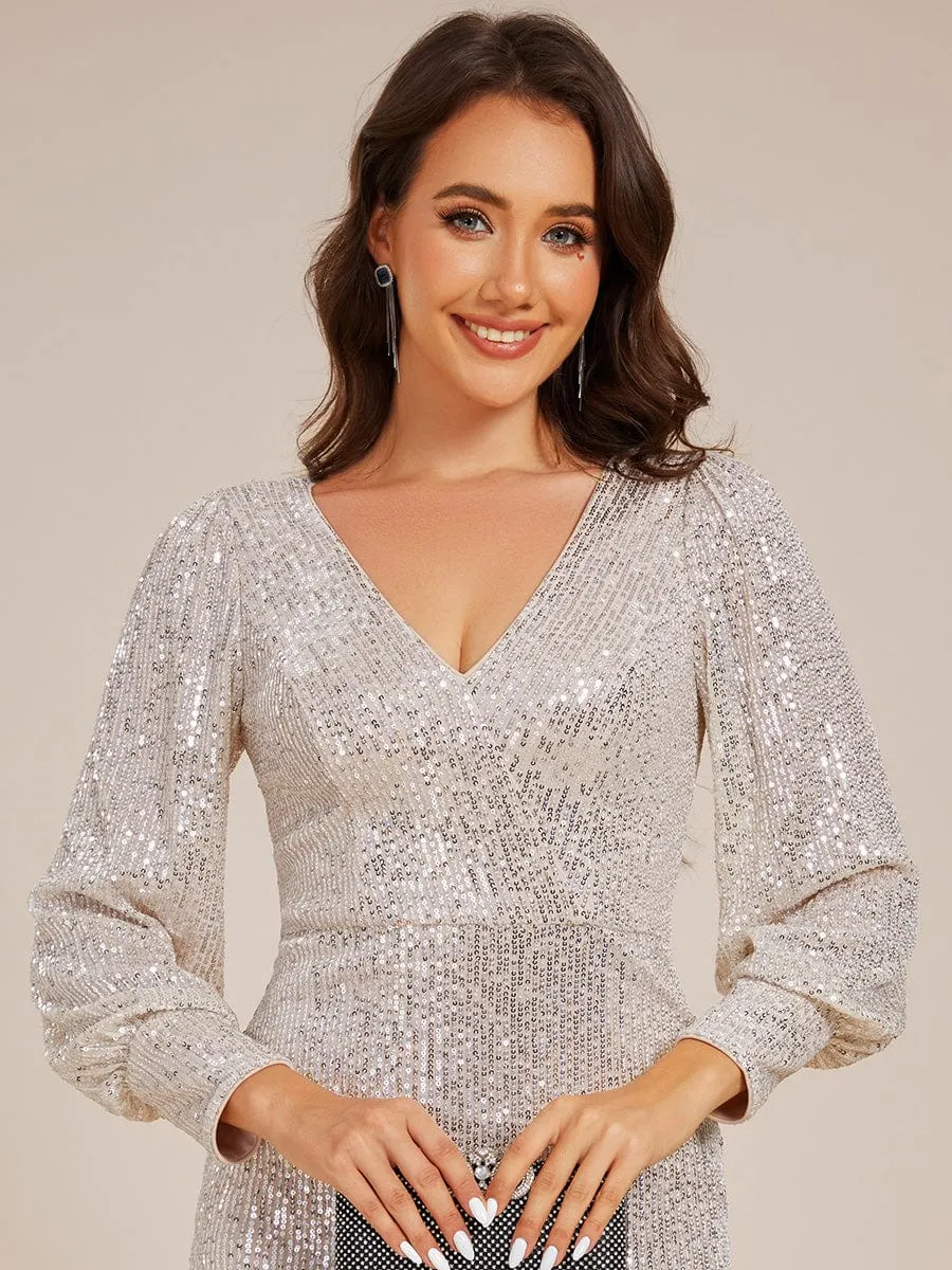 Mila | Sequin Long Sleeve Pencil Bodycon V-Neck Midi Wedding Guest Dress