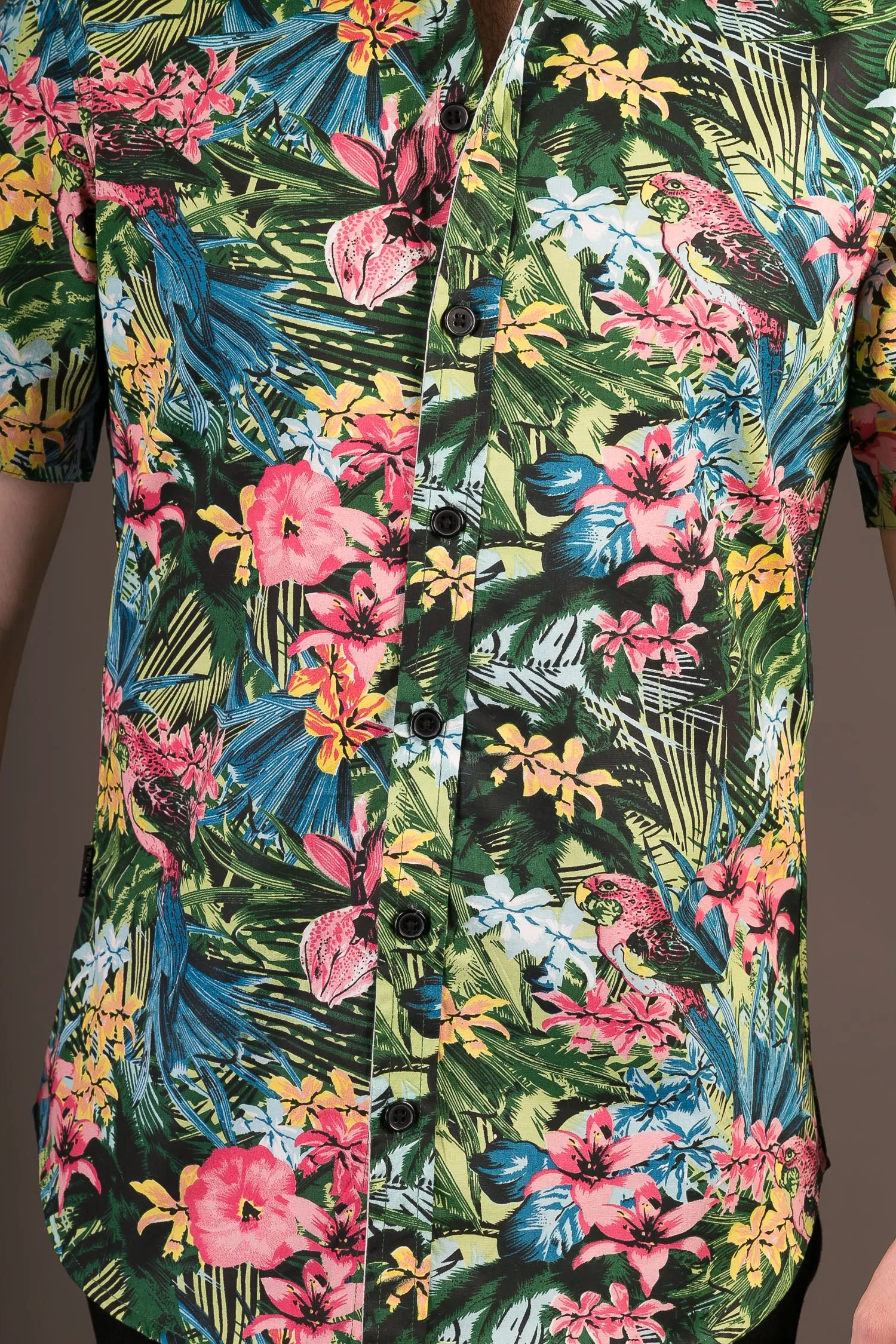 Multi Colour Jungle Print Cotton Slim Fit Mens Shirt Short Sleeve