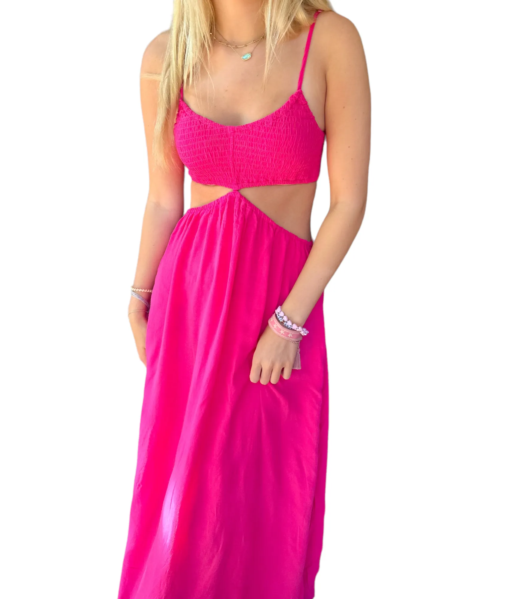 Natalie Hot Pink Cut-Out Maxi Dress with Smocked Sleeves