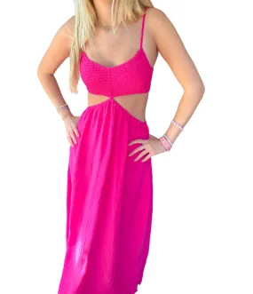 Natalie Hot Pink Cut-Out Maxi Dress with Smocked Sleeves