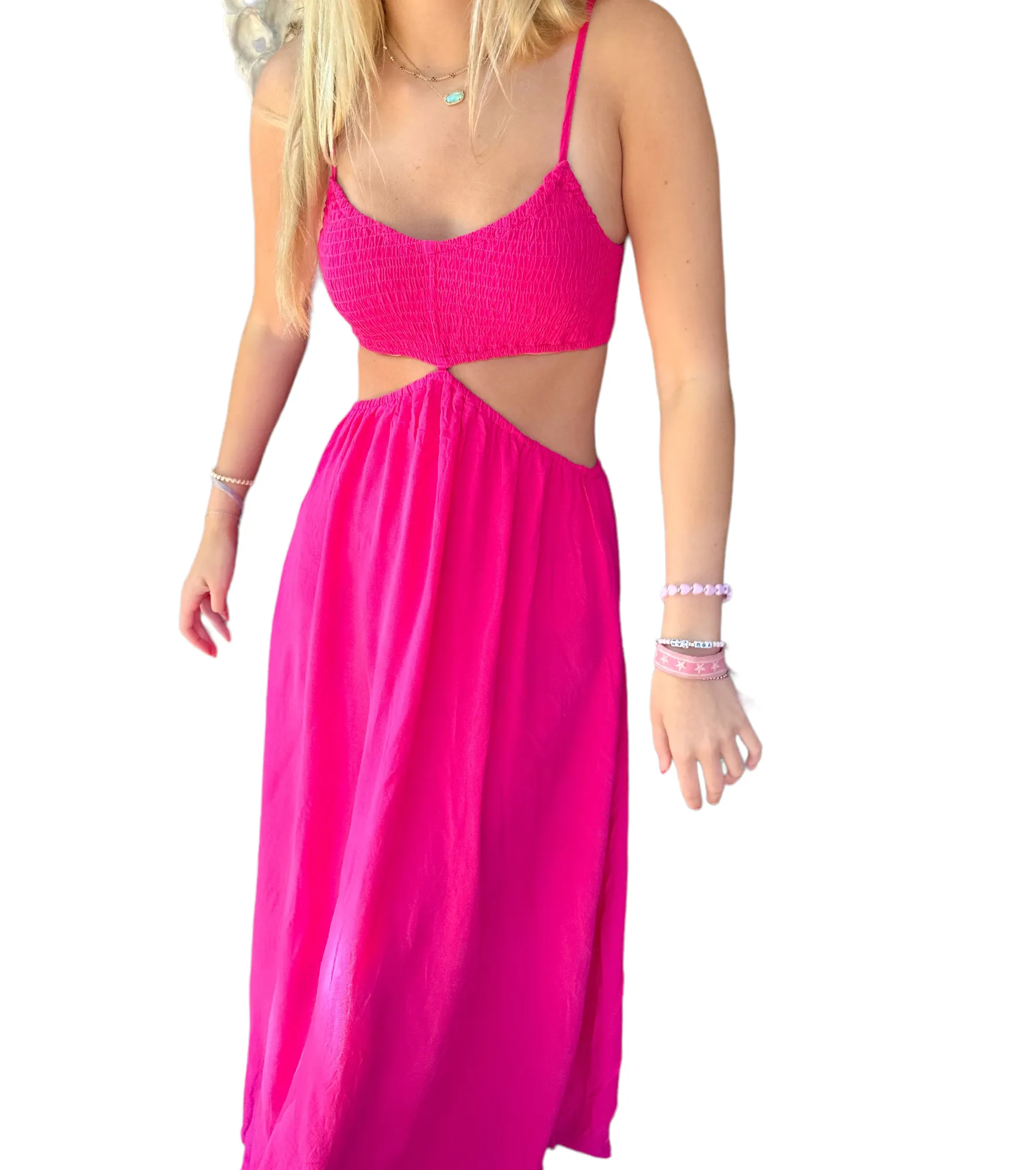 Natalie Hot Pink Cut-Out Maxi Dress with Smocked Sleeves