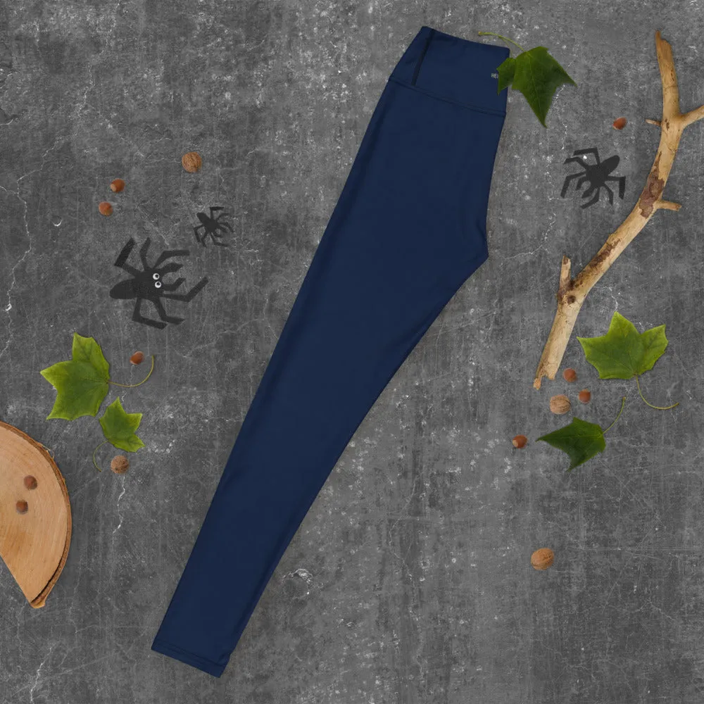 Navy Blue Solid Yoga Leggings, Best Dark Blue Color Women's Long Gym Tights-Made in USA/EU/MX