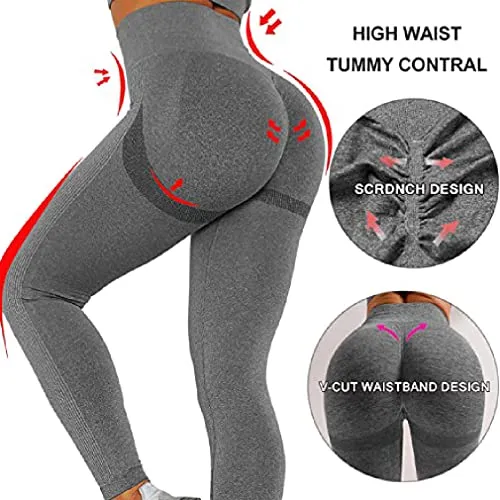 OQQ Women's 2 Piece Butt Lifting Yoga Legging Workout High Waist Tummy Control Ruched Booty Pant, Black Grey, Large