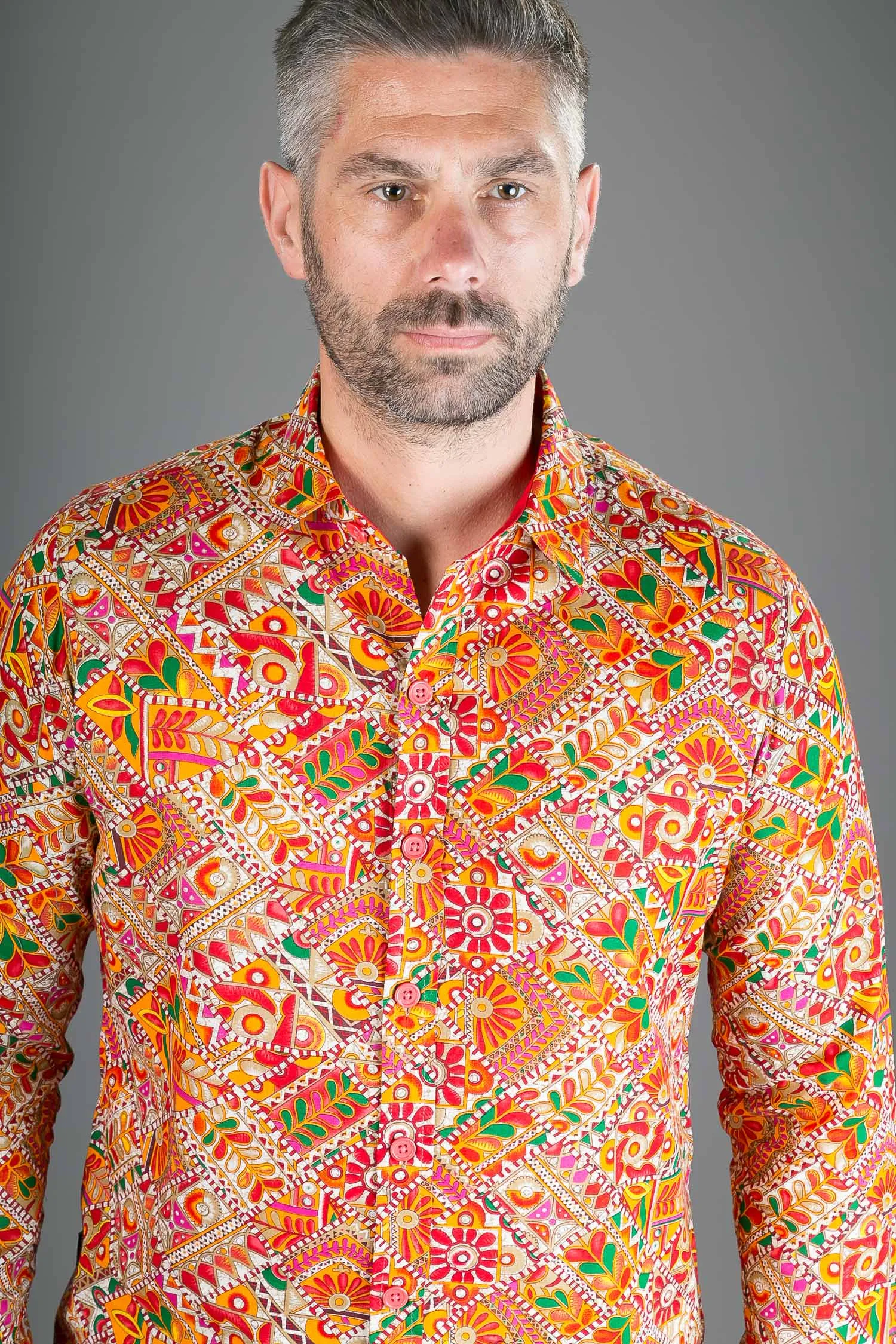 Orange Multi Colour Print Cotton Slim fit Long-Sleeve Mens Shirt