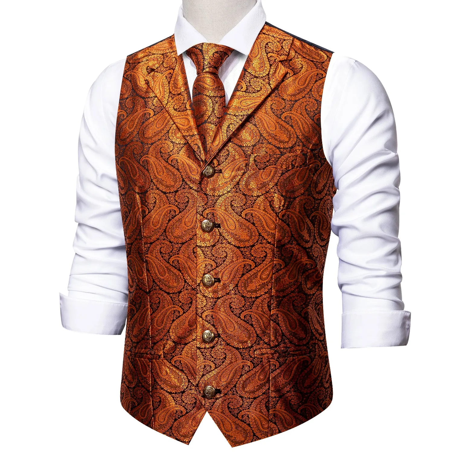 Orange Paisley Metal Button Jacquard Silk Men's Vest Hanky Cufflinks Tie Set